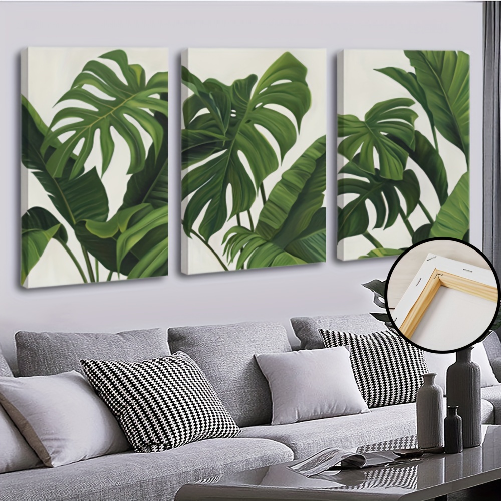

3pcs/set Wooden Framed Canvas Poster, Modern Art, Tropical Green Leaves, Ideal Gift For Bedroom Living Room Corridor, Wall Art, Wall Decor, Winter Decor, Room Decoration
