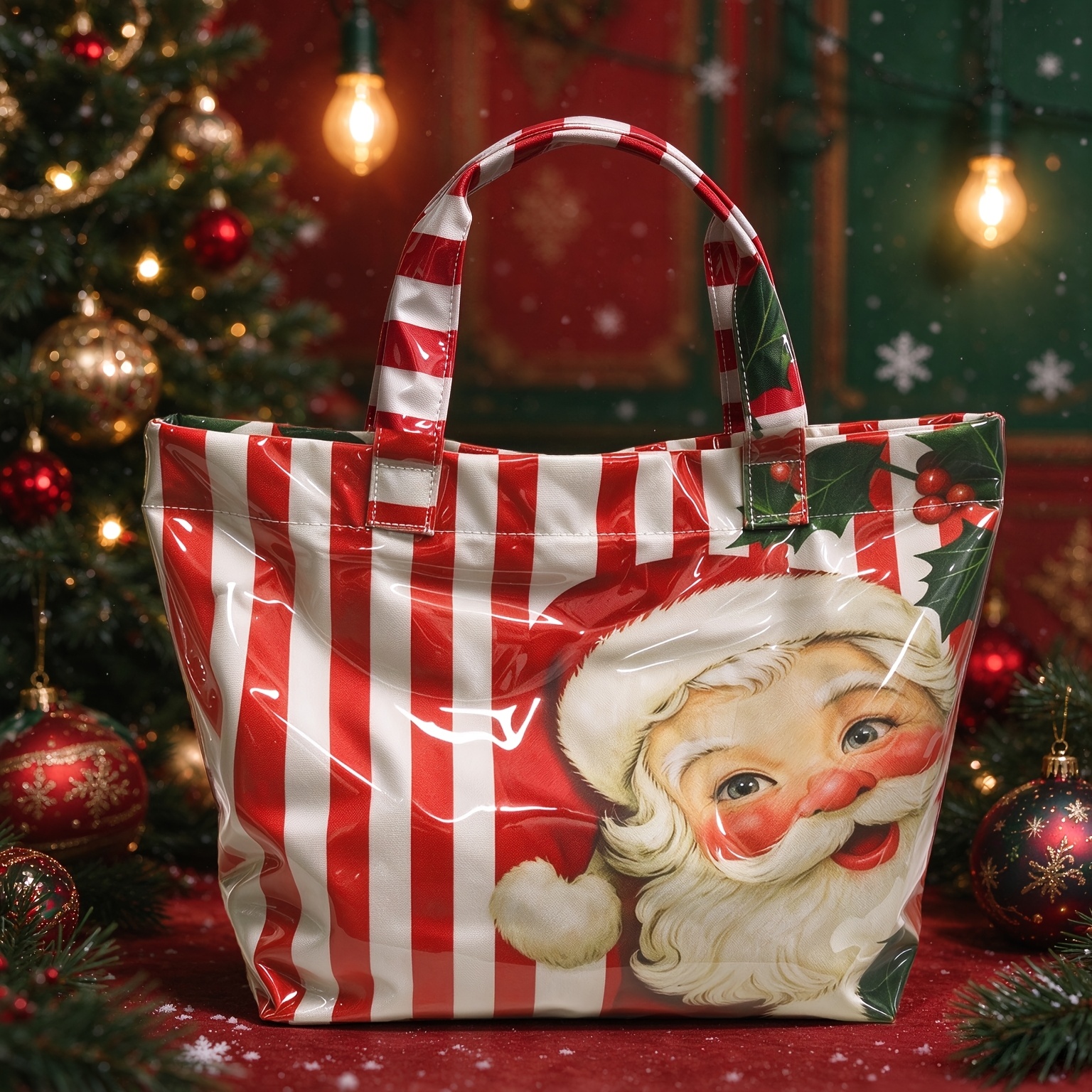 TEMU 1pc Glossy Top-handle Tote Bag, Vintage Red And White Vertical Stripes With Santa Claus, Holly, And Red Berries Print, Suitable For Commuting