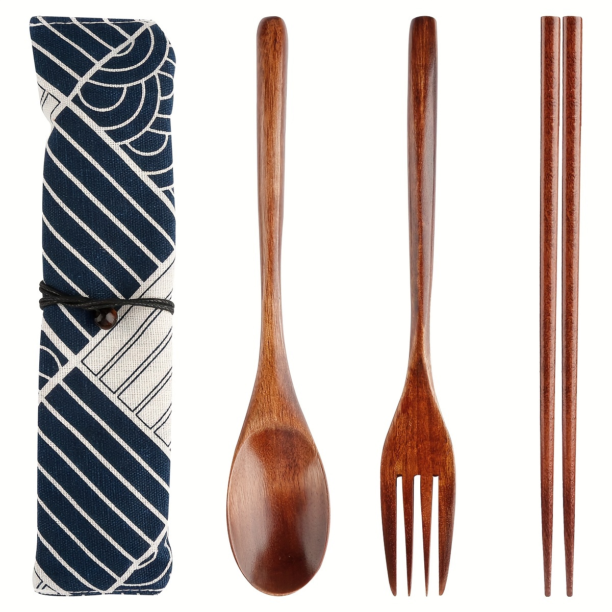 Mixed Cutlery Set, Wooden Tableware With Oriental Pouch For Family Dining Travel