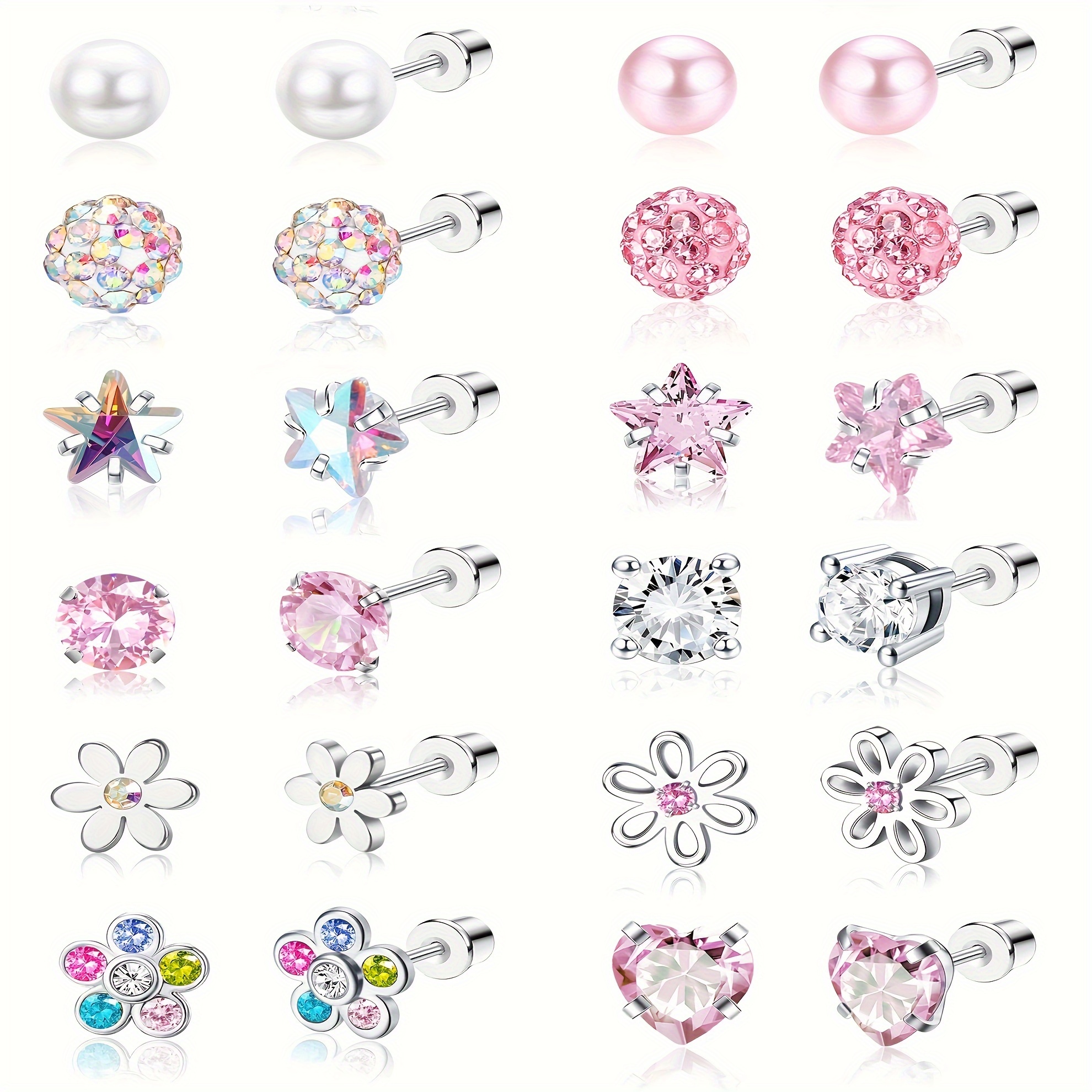 E-shop 24 Stück Edelstahl Ohrknochen Nagel High-End Pink Süß Klein Frische Blume Spiral Ohrringe Schraub-Ohrstecker