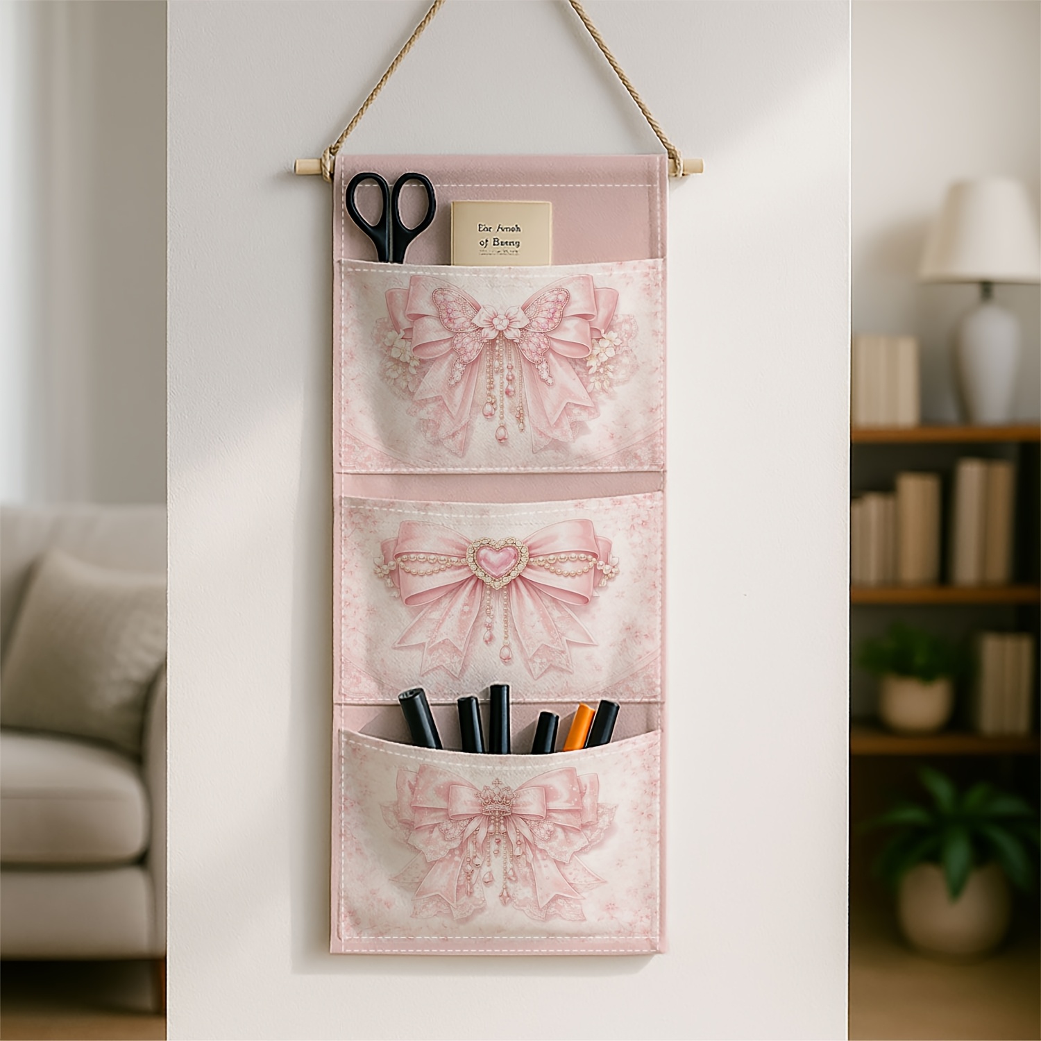 TEMU 1pc - Romantic Vintage Ornament - Classic Wall-mounted Storage With 3 Pockets, Ribbon Bow Pink Heart - Bedroom Wall Layout, Hanging Organizers,