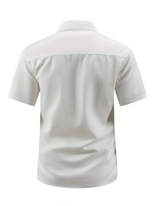 mens casual cargo short sleeve shirt with button pockets solid color non stretch fabric regular fit for weekend casual wear