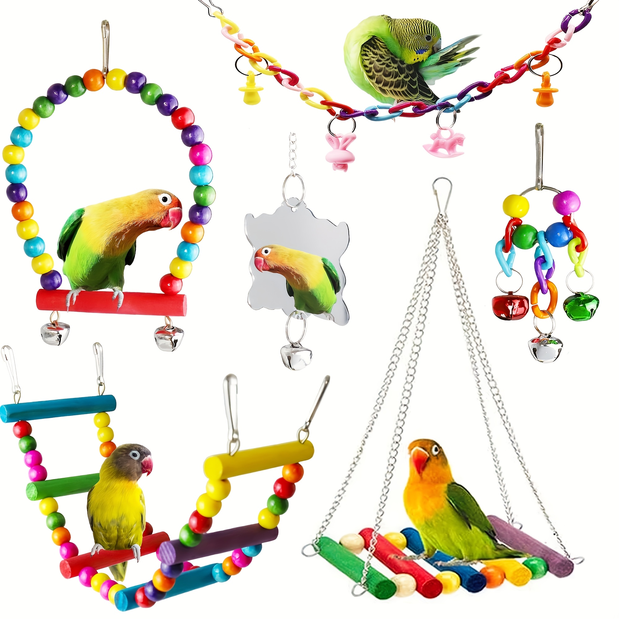 Image of Set Of Toys For Bird Cages, Including A Hanging Bell, Swing, Ladder, Wooden Perch, And A Chewing Toy Random Colors