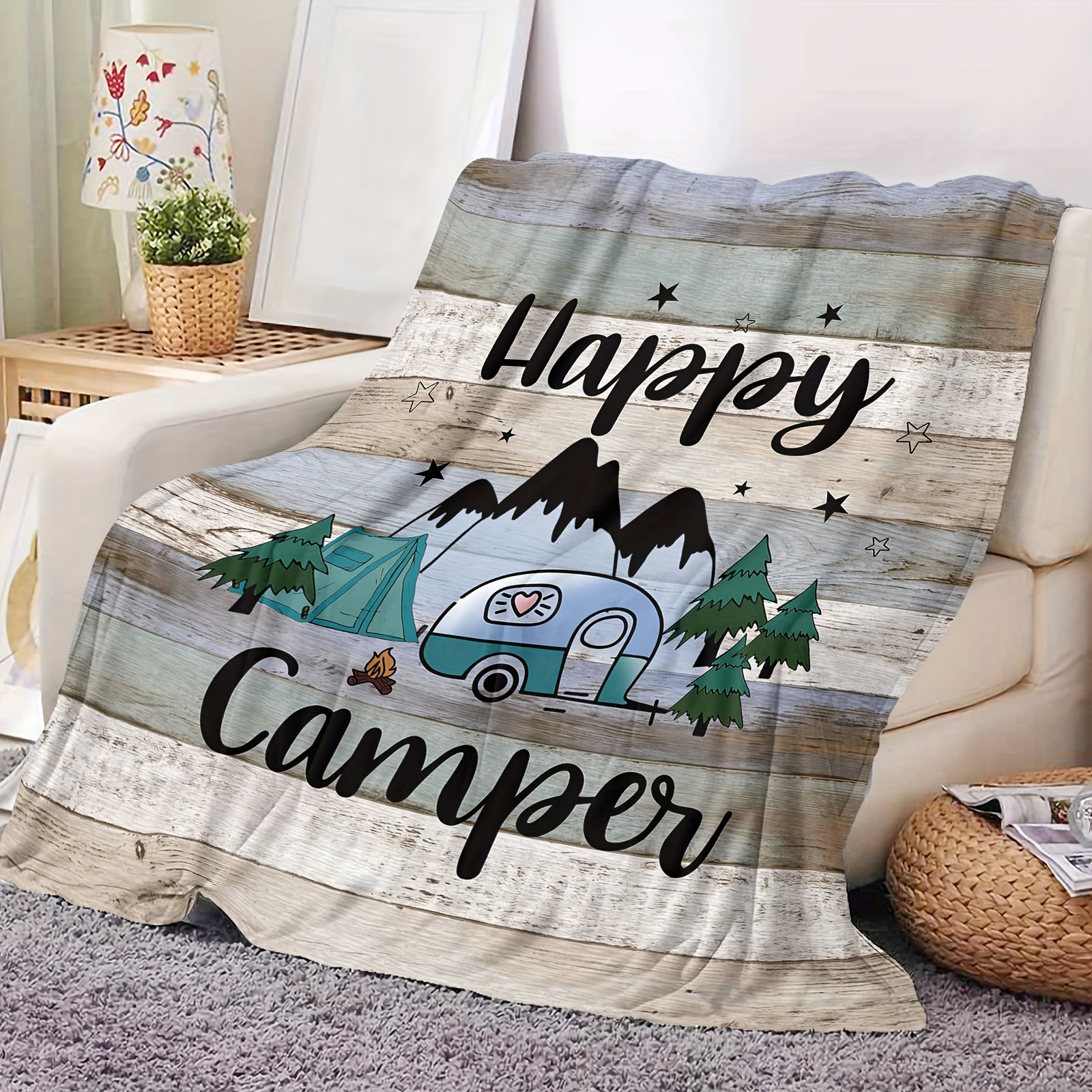 

Happy Camper Digital Print Flannel Throw Blanket, Soft Warm Multipurpose All-season Couch Sofa Bed Office Travel Camping Blanket, Contemporary Knitted Polyester Fleece, 250-300g - 1-pack