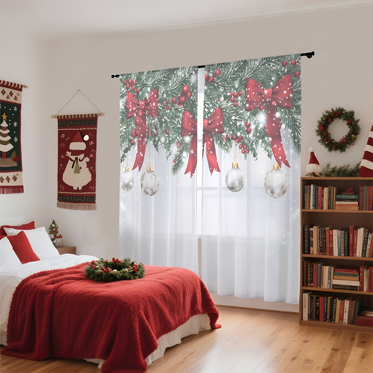 TEMU 2pcs Festive Christmas Curtains With & - Snowy Winter Scene, Semi-transparent Polyester, Machine Washable, Perfect For Living Room, Bedroom,