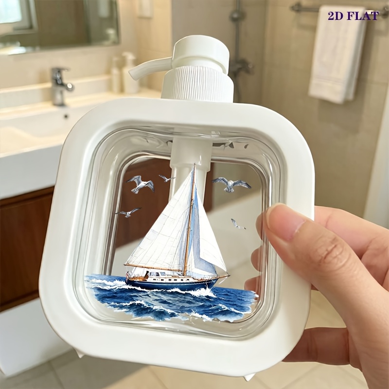TEMU Single-piece Watercolor Sailboat And Seagull Print Soap Dispenser - Refillable Bottle. Summer Decoration - Durable Plastic, Bathroom Accessory,