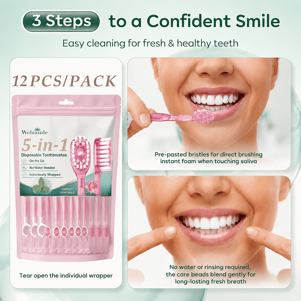 12pcs 5-In-1 Peach Pop Beads Travel Toothbrush Set