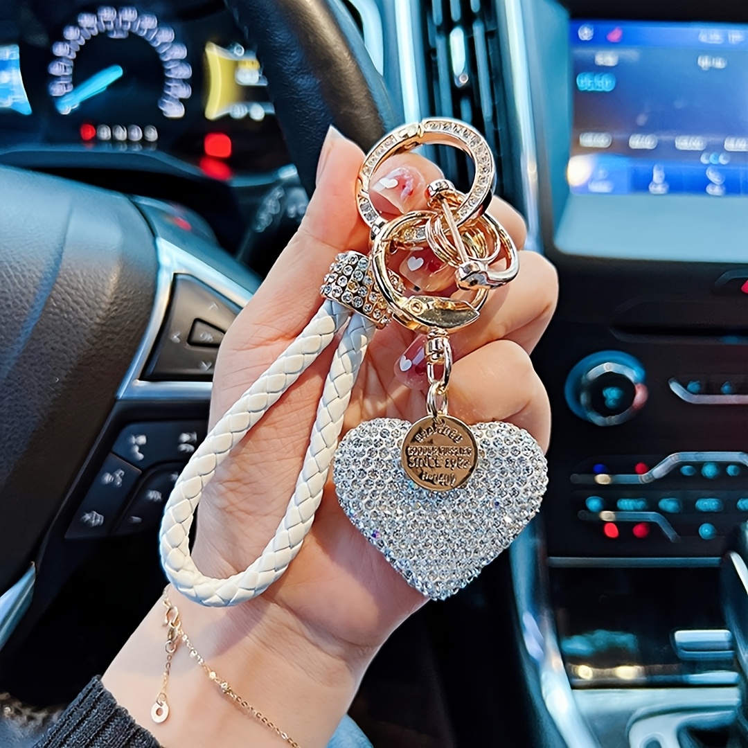TEMU Porte-clés de voiture 1 pièce de cœur entièrement en strass avec lanière tressée, porte-clés en strass, pour la fête des Mères, Noël, pour femme