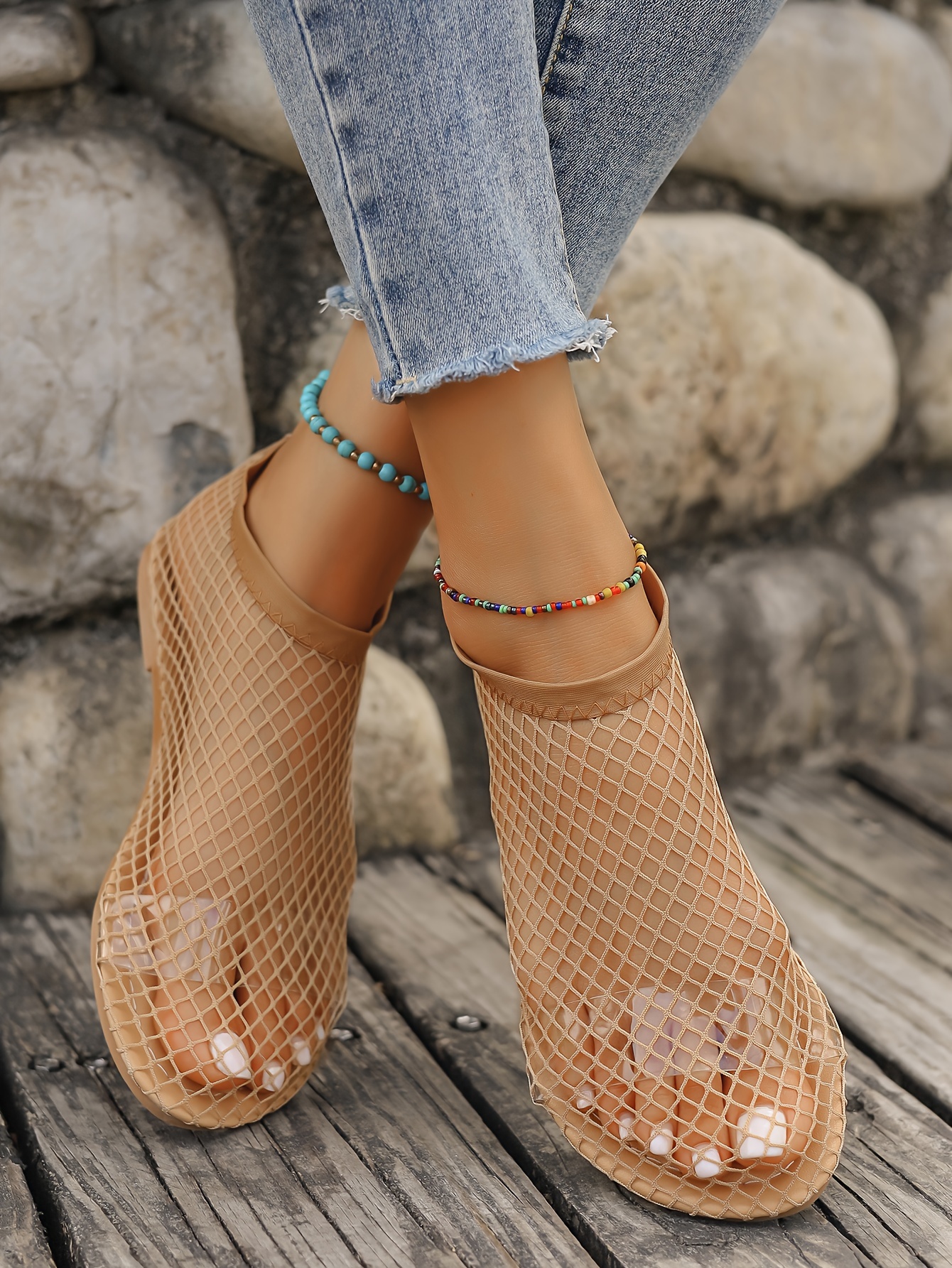 womens fashion fishnet sandals casual hollow slip summer - Temu, image size:800x1066