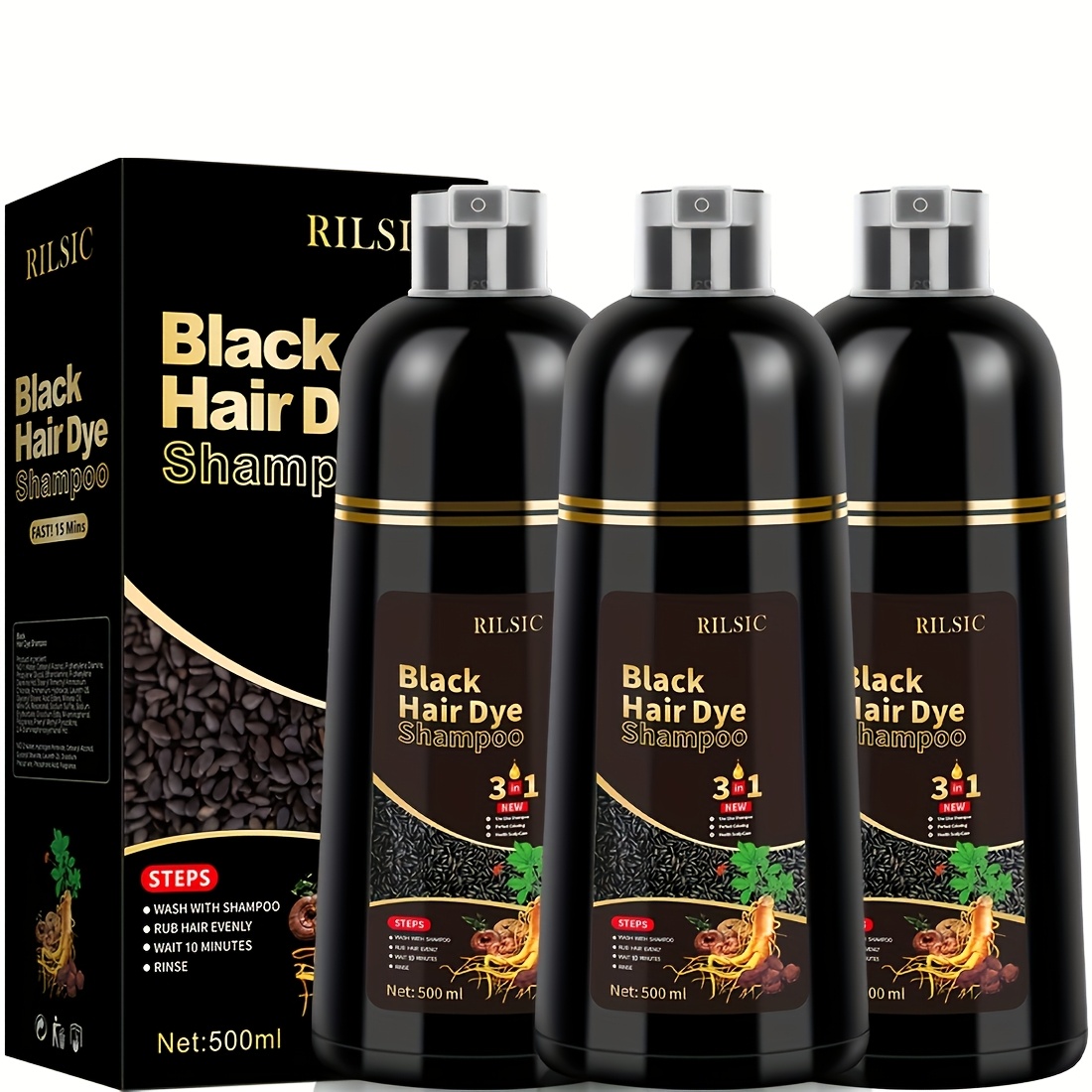 RILSIC 3pcs Hair Dye Shampoo, Quick Acting Hair Dye, Highly Coverage Of White Hair, Containing Ginseng Essence Extract, Moisturizing Hair Care - Both Male And Female Adults Can Use, Suitable for All Kinds Of Hair - Image 6