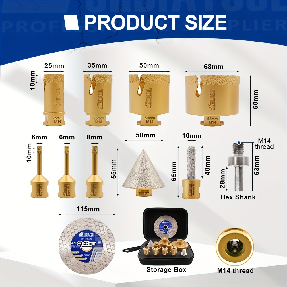 Image of Shdiatool Diamond Kit 10pcs 6/6/8/25/35/50/68mm Drill Bits 10mm Milling Bit 2"(50mm) Chamfer Bit Hex 1pc 115mm Tile Cutting Disc For Drilling Ceramic Porcelain Tile Marble