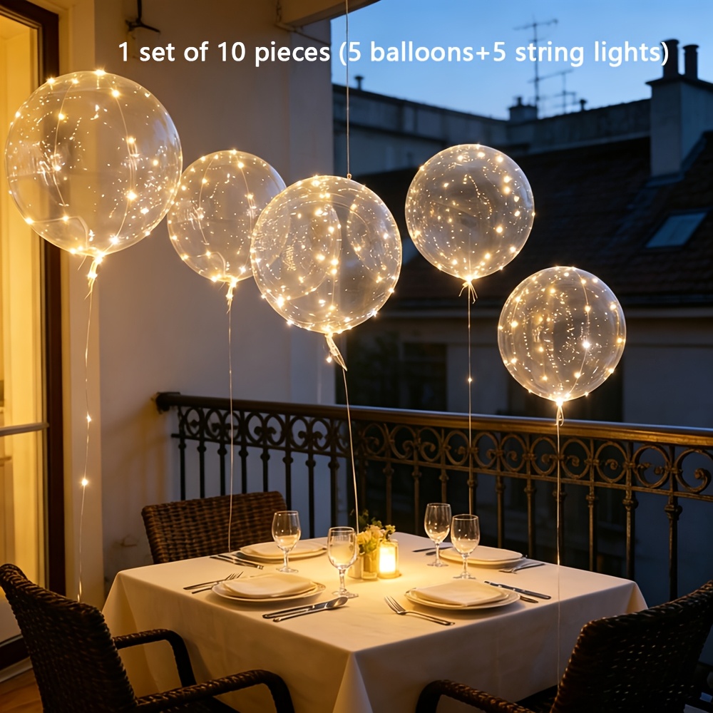 Image of 1 Set Of 10pcs (5 Balloons+5 String Lights) Bobo Balloons With Led Lights For Transparent . Transparent Bobo Balloons Are Perfect For Parties, Weddings, Christmas, And Outdoor Decoration