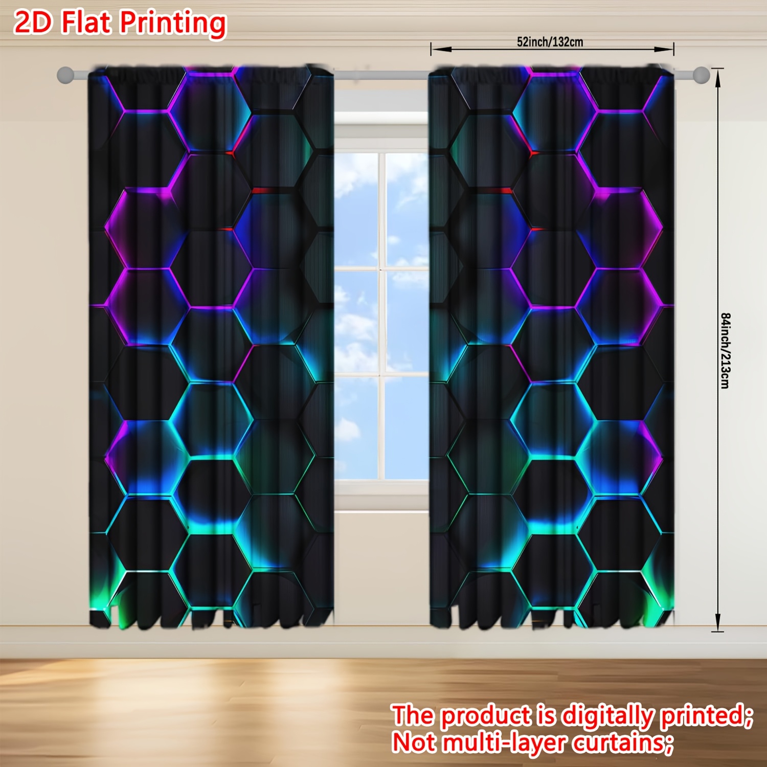 Kaitong 2pcs Futurism Hexagonal Art Printed Curtain For Home Decor - Rod Pocket Window For Bedroom, Office, Kitchen, Living Room, And Study
