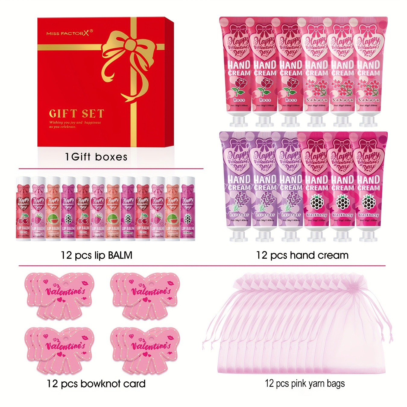 TEMU 48pcs/box Hand Cream And Lip Balm Gift Set - Weddings, Or As Party Gifts! Includes 12 Hand Creams, 12 Lip Balms, 12 Pink Yarn Bags And 12 Thank
