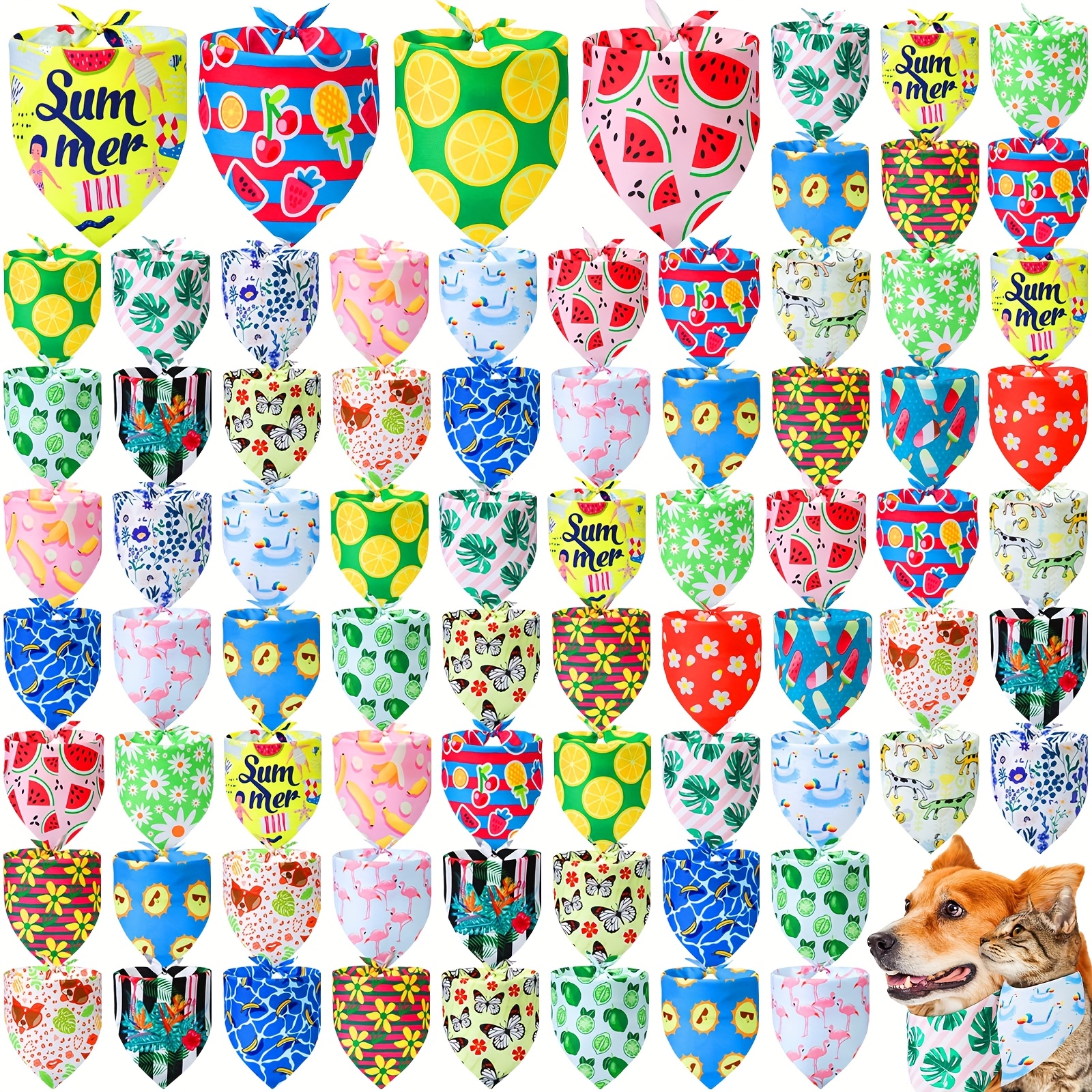 TEMU 100pcs Summer Bandanas For Dog Bulk Summer Flower Lemon Dog Bandanas Adjustable Pet Bibs Scarf Holiday Costume For Small Medium Pet Puppy Cat
