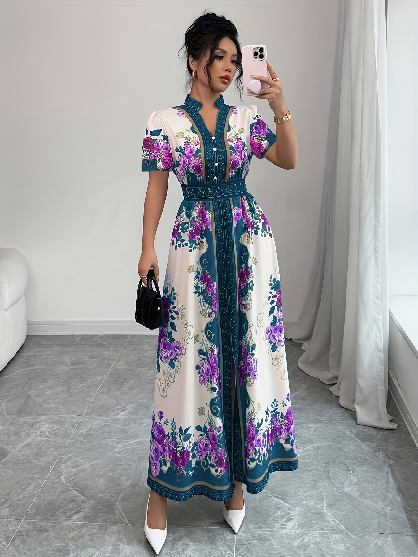 womens floral print elegant a line dress with stand up collar puff short sleeves machine washable summer long dress with side   regular fit for casual formal occasions cute dresses Product details 10