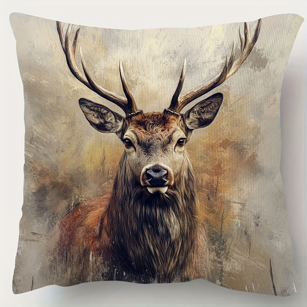 TEMU Traditional Style Stag Portrait Hero Deer Art Pillow Cover - 18x18 Inches, Soft Velvet Decorative Case With Zipper Closure, Single-sided Print,