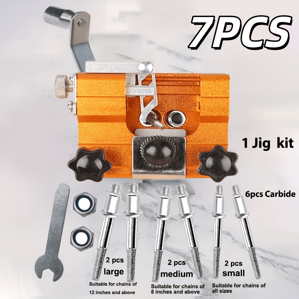 TEMU Kit d'affûtage de tronçonneuse 7 pièces, support d'affûtage de chaîne manuel portable, comprend 6 têtes d'affûtage en carbure, outils d'affûtage