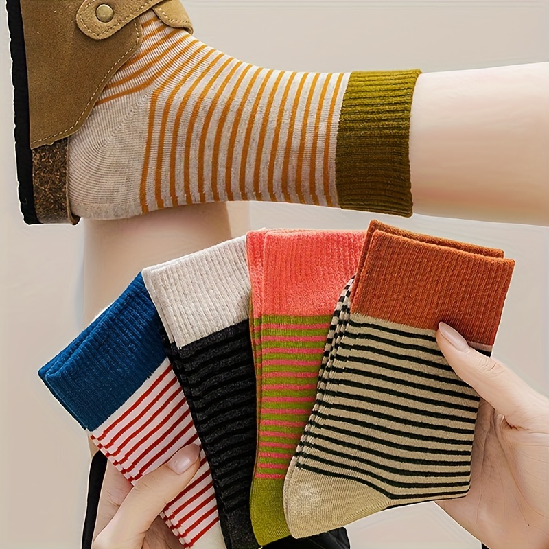 

5 Pairs Striped Pattern Socks, Soft & Comfort Mid Tube Socks For Fall & , Women's Stockings & Hosiery