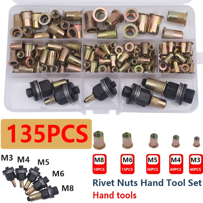 Set 135 kosov matic z zakovicami in ročnega orodja, metrični izbor matic z zakovicami M8/M6/M5/M4/M3, primeren za avtomobilsko, pomorsko,
