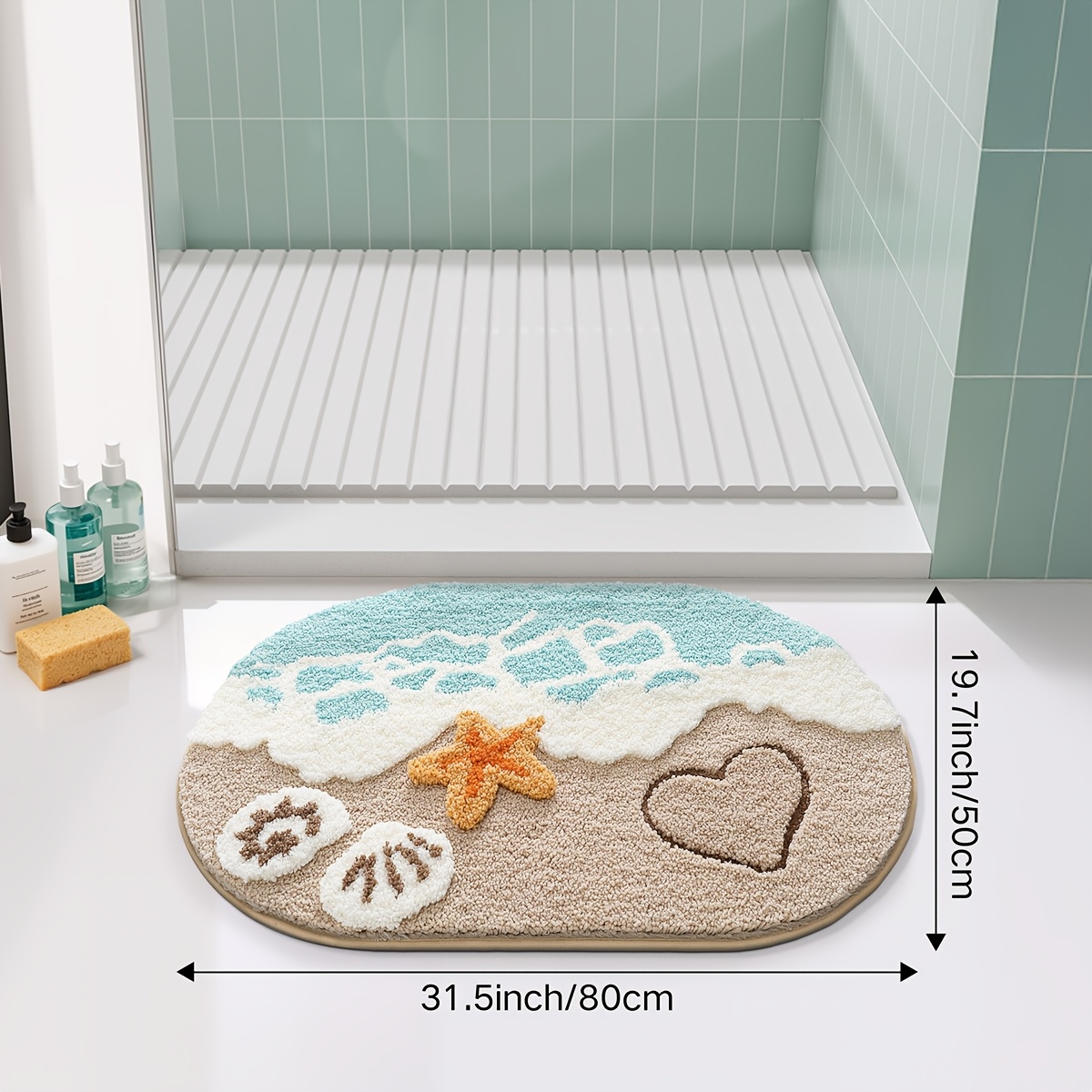 TEMU 1pc Fluffy Bathroom Rug Bath Mat, Oval Absorbent Premium Bath Rug, Beach Pattern Non-slip Comfortable Bathroom Mat For Bathroom Floor, Sink,