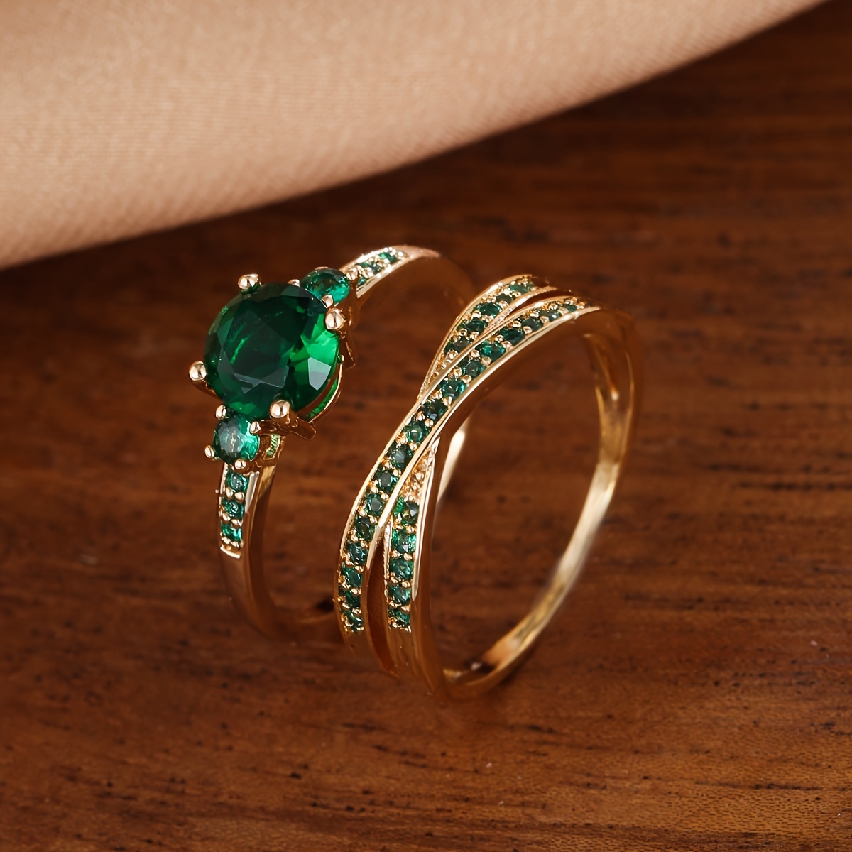 

Elegant Golden-tone Ring Set With Green Gemstone And Crystal Accents – Stylish Multi- For Or Gifting, Jewelry| Ring Design| Look