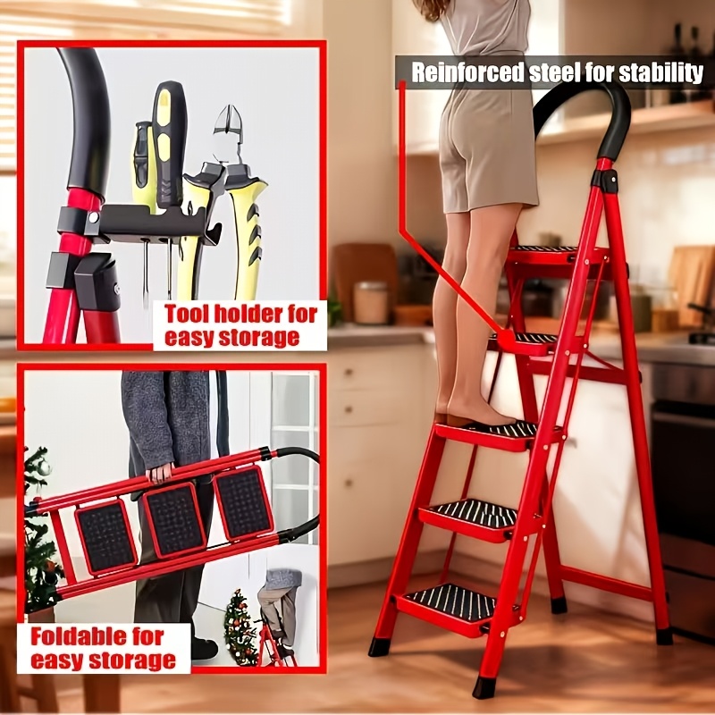 2 3 4   ladder lightweight folding step stool with extra wide anti slip steps 330 lbs capacity compact space saving design for home kitchen details 5