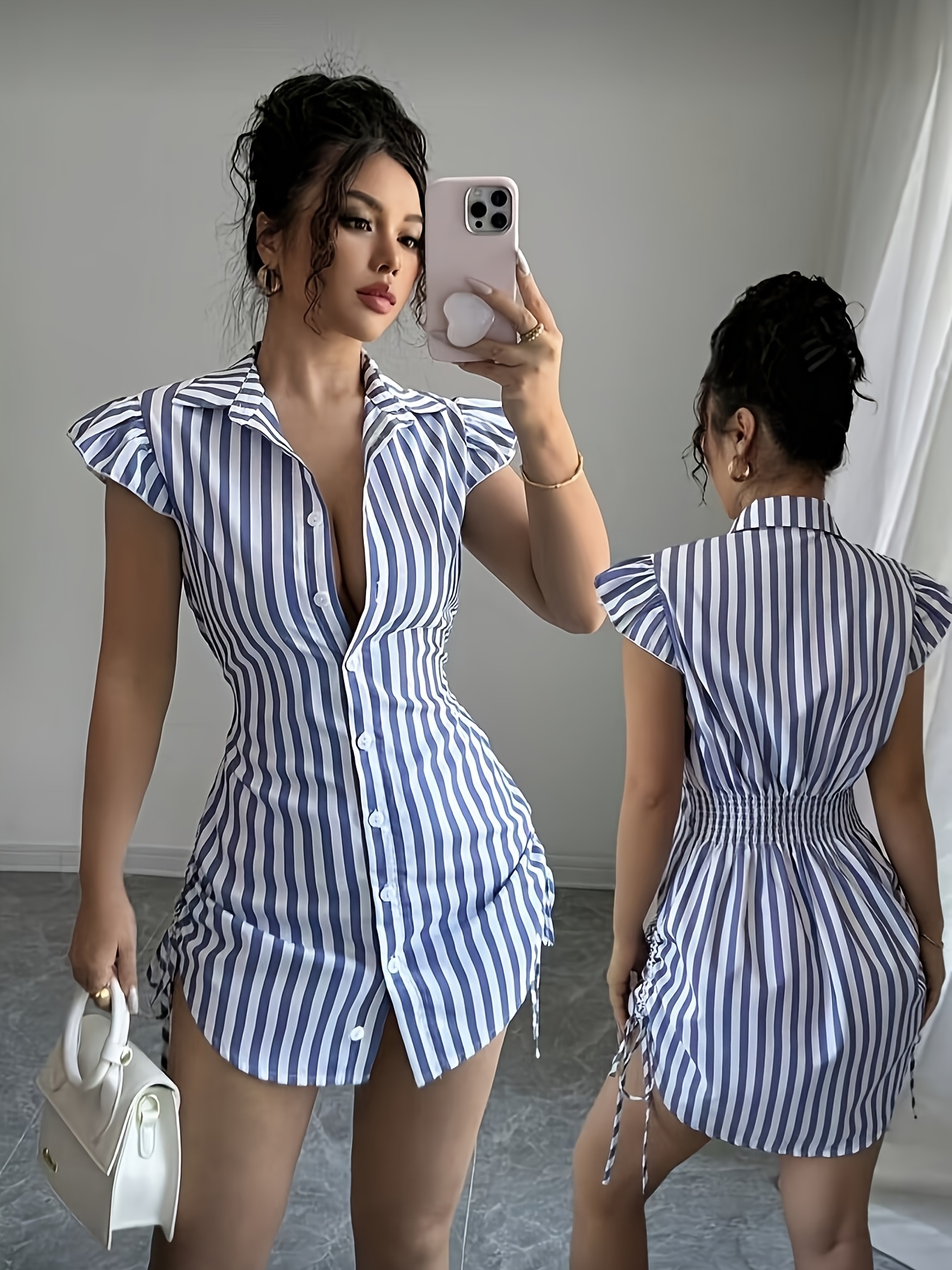 Elegant Daily Casual Vacation Blue Striped Side-tie Tiered Sleeve Dress Suitable for Summer