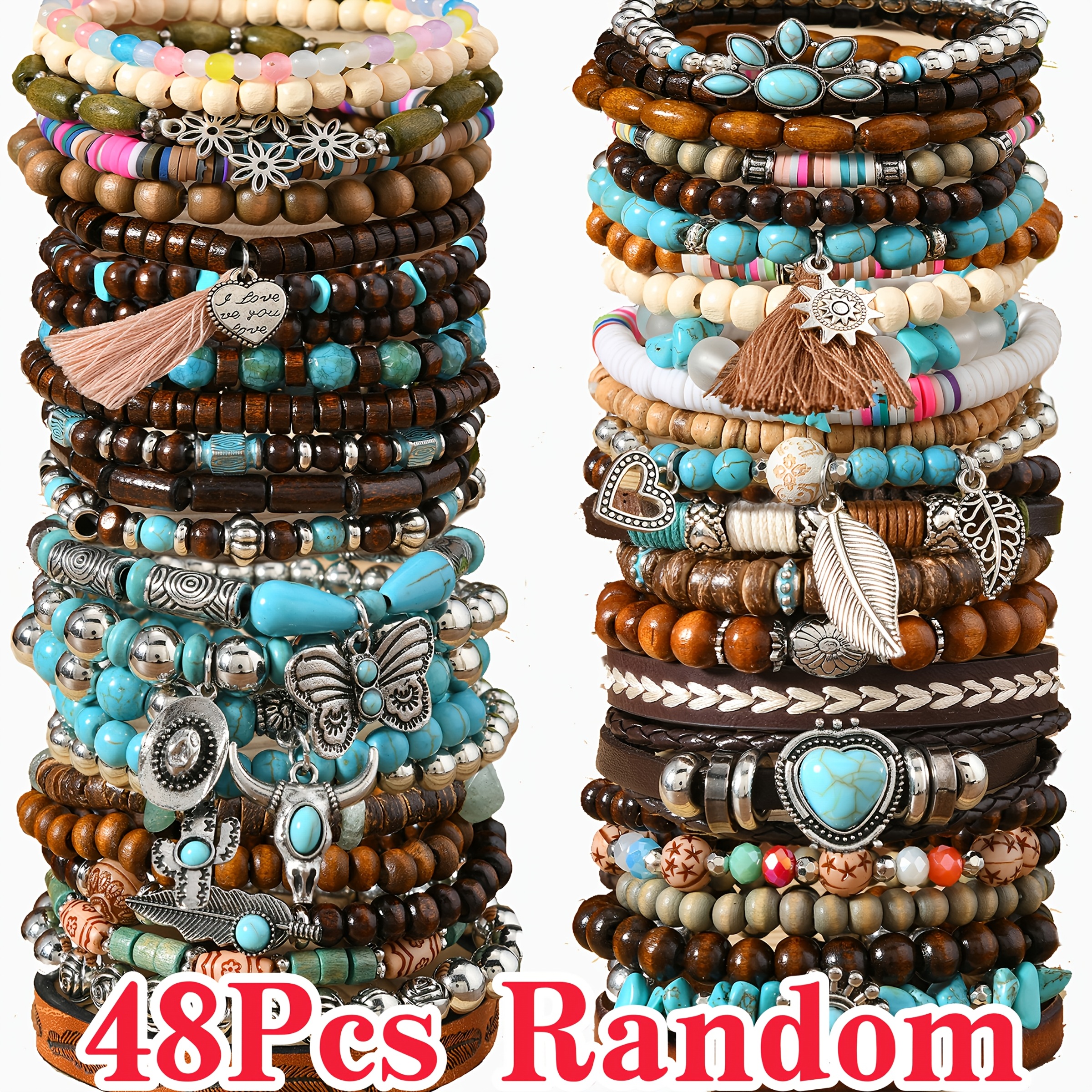 TEMU 48pcs Random Style Vintage Wooden Beads And Turquoise Stone Bracelet Bulk, Including , Heart, Leaves, Hat, Daisies, Pendant For Men, Fashionable