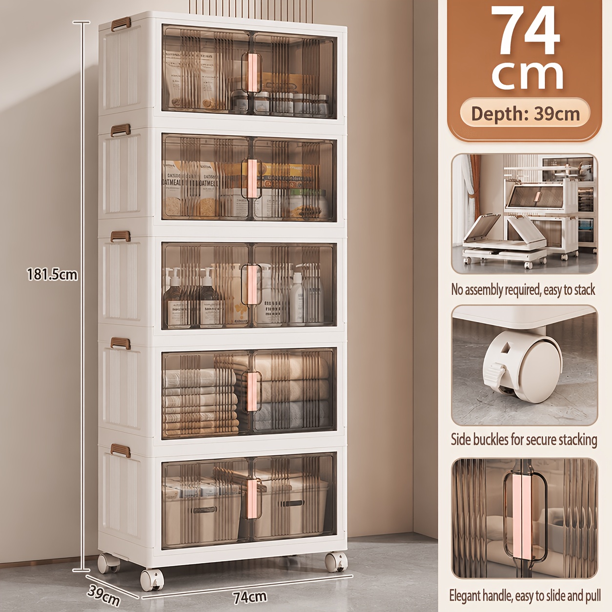Folding Office Storage Cabinet 74/62cm Width Options, 3/4/5 Tier Stackable Large Capacity Home Organizer With Transparent Doors For Bedroom, Kitchen, Bathroom, Office, Garage, And Laundry Room