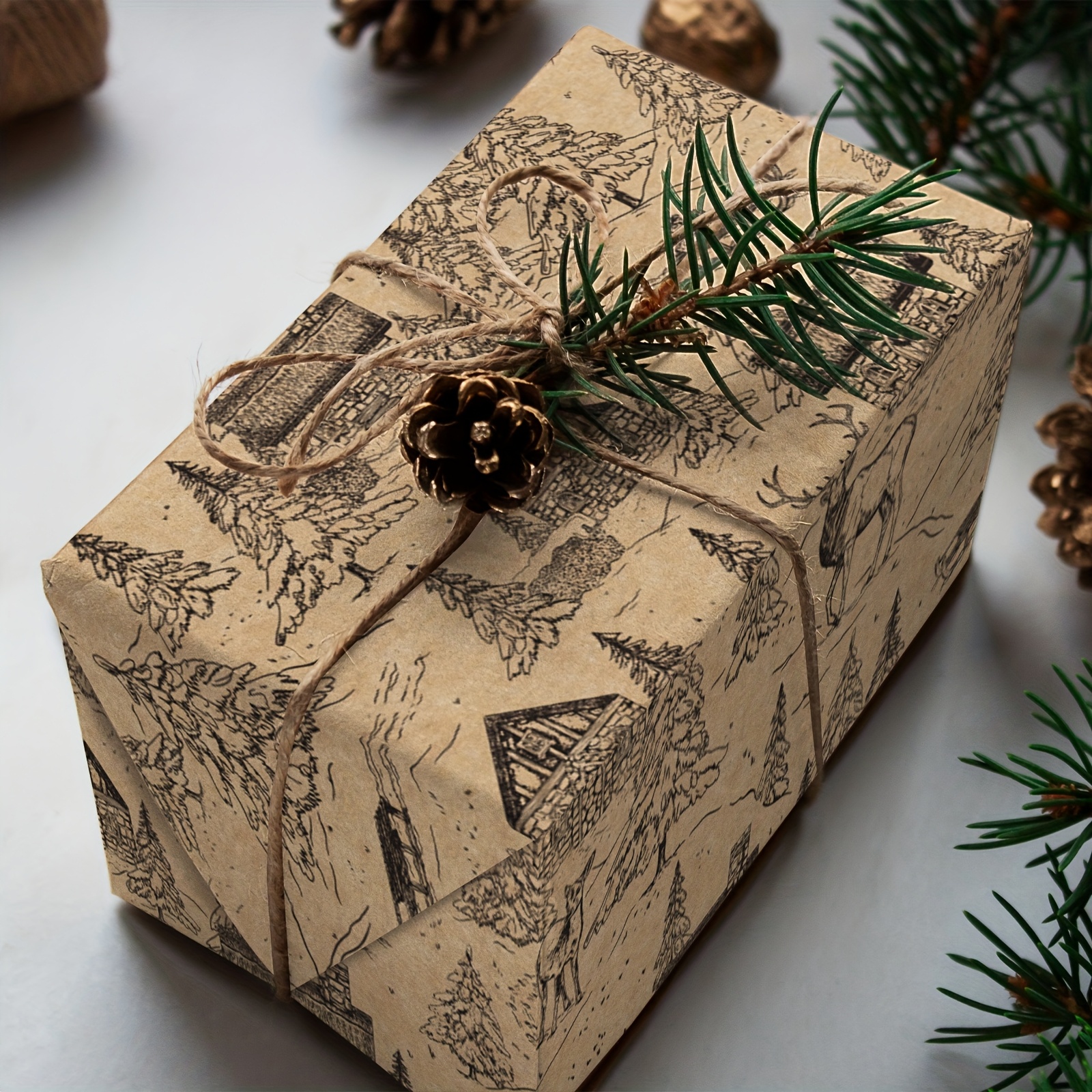 TEMU 1 Roll Of Christmas Cowhide Wrapping Paper | With Vintage Forest Scene Pattern, Suitable For Christmas Party Decorations, Holiday Decor, Diy