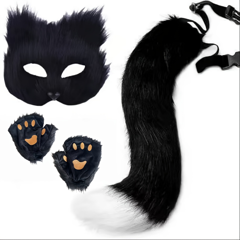 Makeup Ball Mask Animal Fox Party Cosplay Props Plush Cat Face Mask Additions Gloves Tail Set