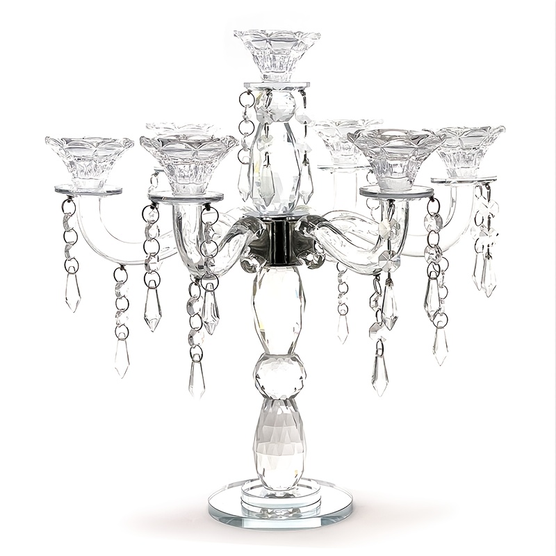 TEMU Elegant 5-arm Acrylic Taper Candelabra, 14 Inch Table Centerpiece With Clear Holders & Decorative Beads, Luxury Ornament For Home Wedding