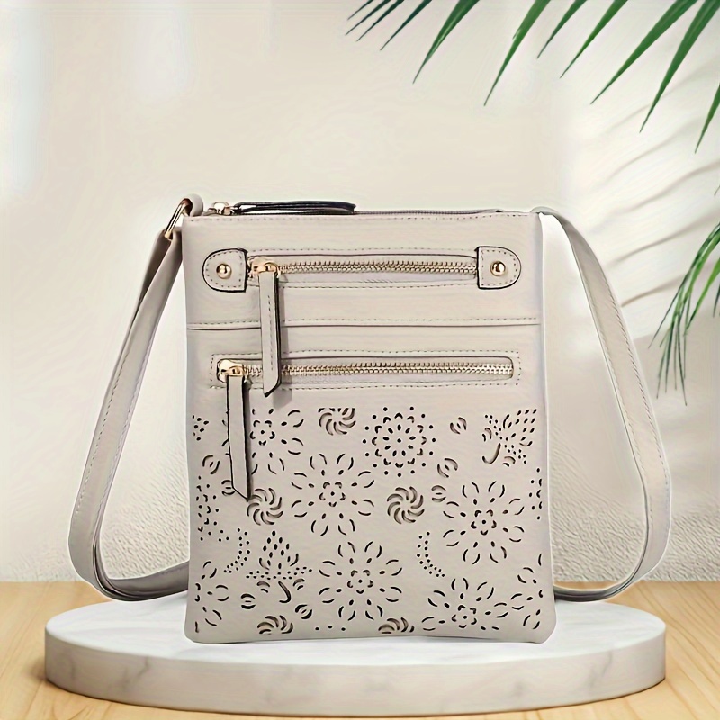 Image of Vintage Crossbody Bag With Hollow Flower Cutout - Adjustable Strap, / /, Zipper Closure, Elegant Shoulder Purse For Daily Use & Travel, Durable &