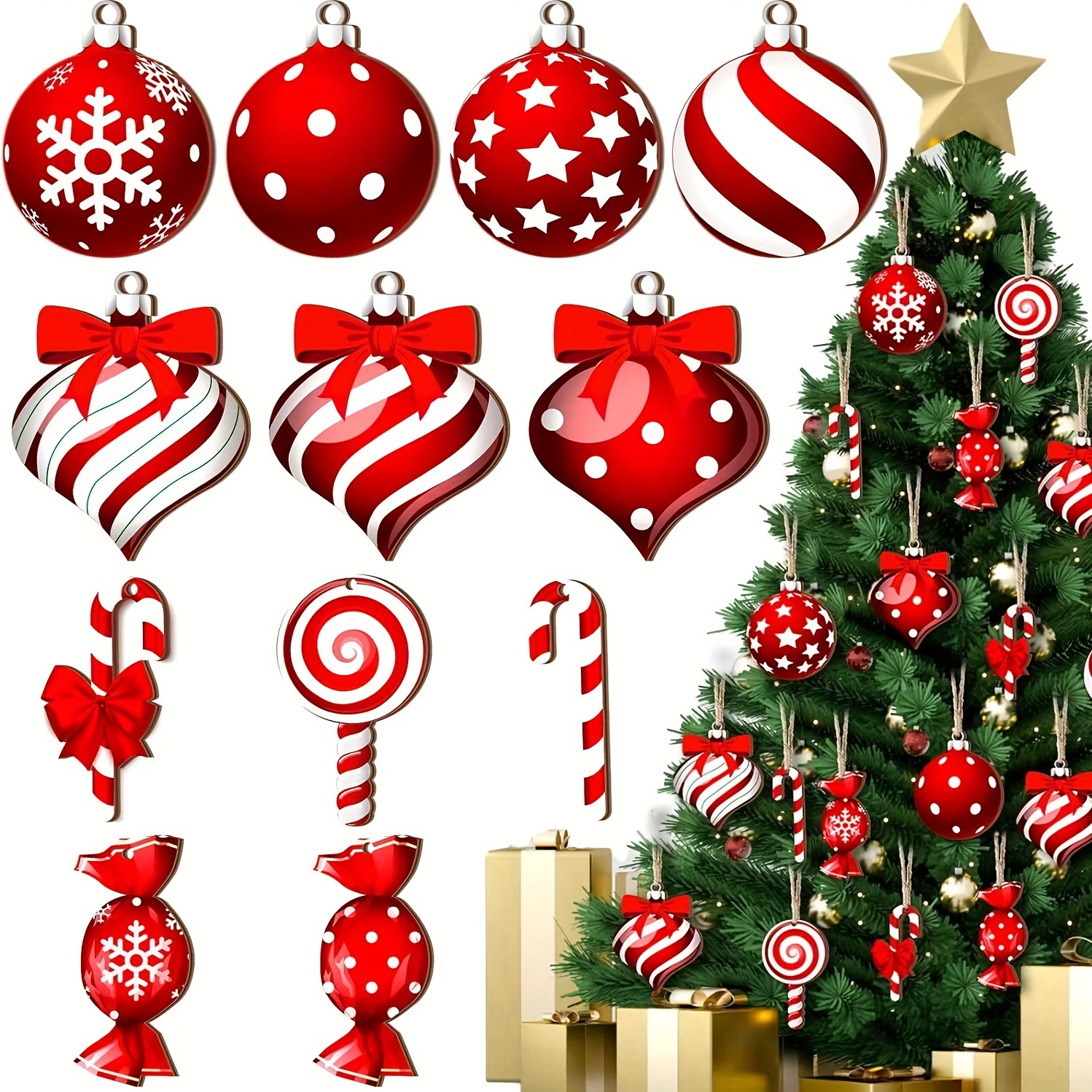 

12 Pieces Wooden Christmas Ornaments Set - Red And White Holiday Decoration For Tree And Home, Perfect For Decorating Christmas Trees, Garlands, And Mantels Decor.