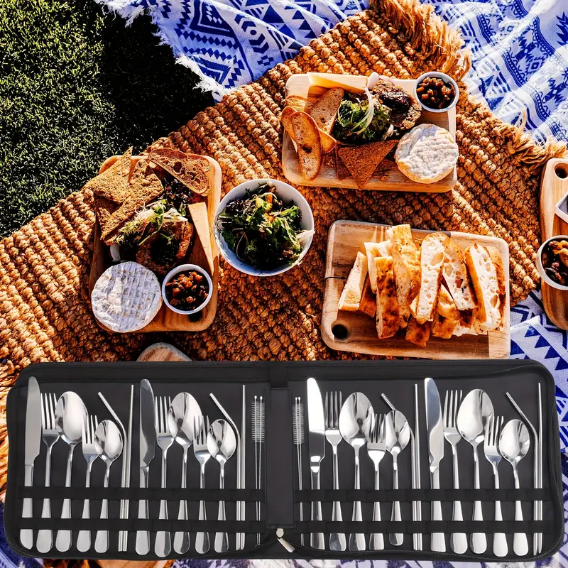 32pcs summer outdoor portable stainless steel outdoor tableware set knife straw and cleaning brush large portable bag reusable lightweight and convenient suitable for outdoor picnics camping travel gifts for Product details 7