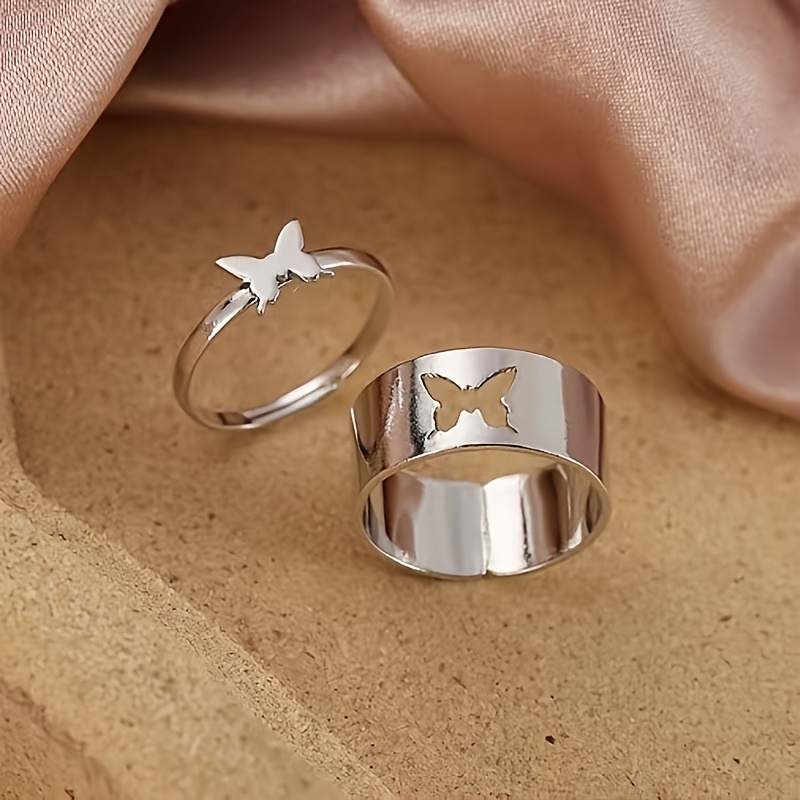 2pcs Boho Adjustable Open Ring Set Hollow Cutout Iron Couple Rings