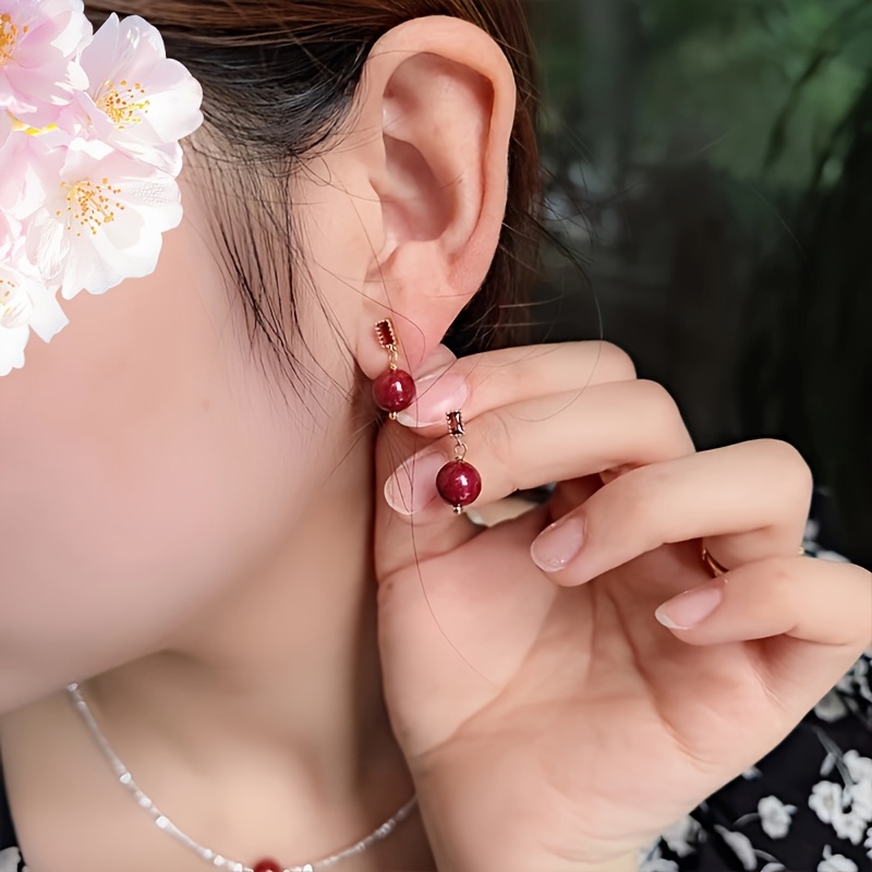 Vintage Cinnabar Stone Drop Earrings for Women
