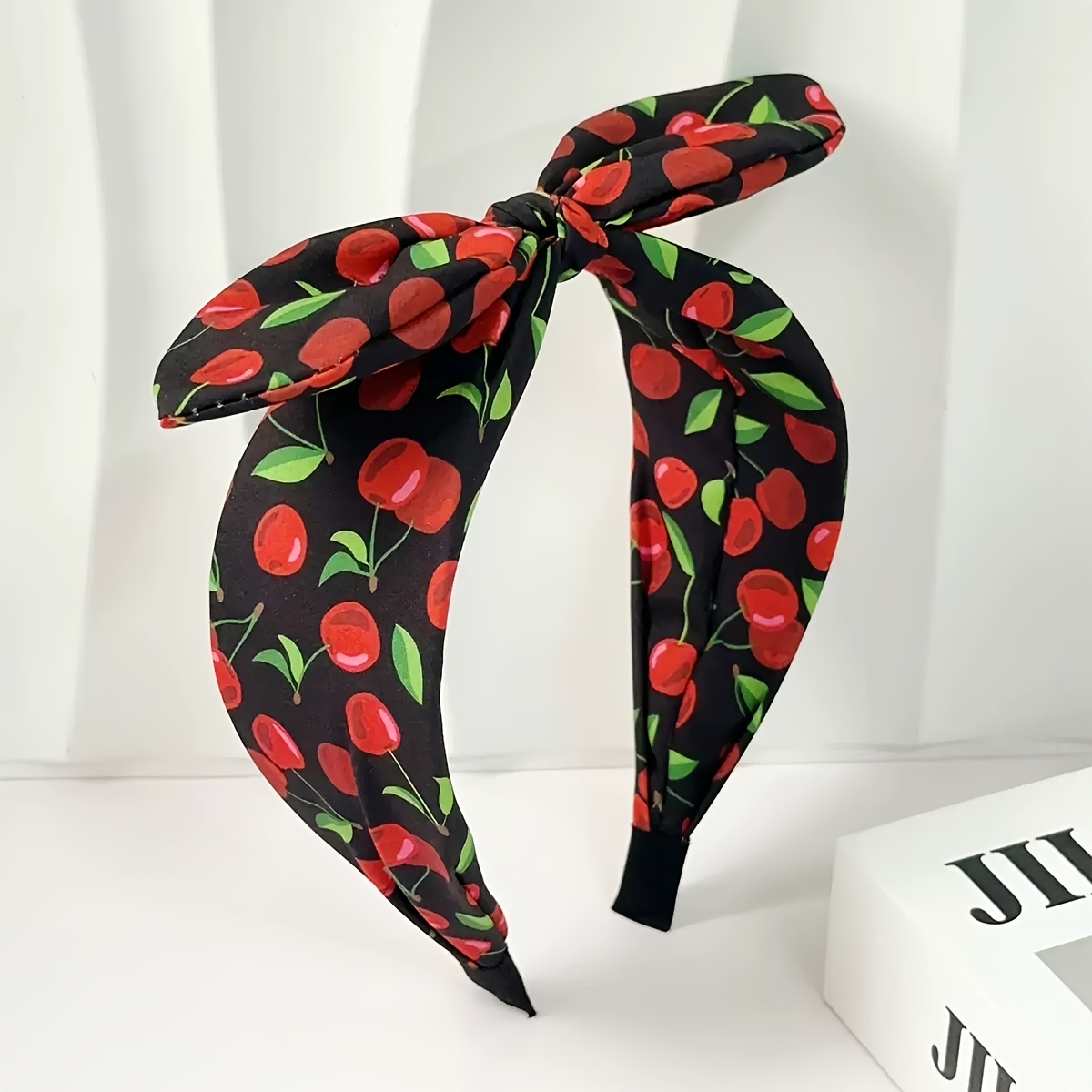 TEMU 1pc Of Retro -series Women's Hair Accessory With Wide Bow Headband, Cherry Printed Hair Band. Versatile For Daily Wear, Dates, Commuting,