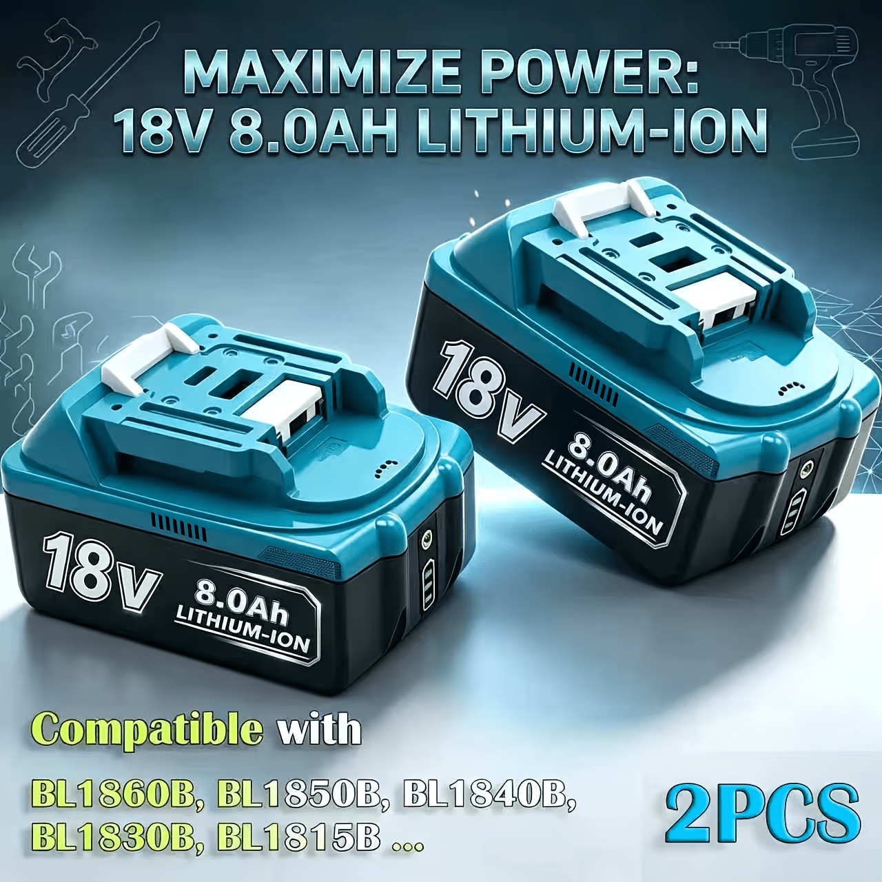 Image of 2/1 Pack 8.0ah 18v Lithium-ion Battery | Compatible With Makita 18v Bl1860b Models, Compatible With Bl1860, Bl1820, 1830b, 1840b, 1850b Power Tools, Built-in Led Display, Rechargeable