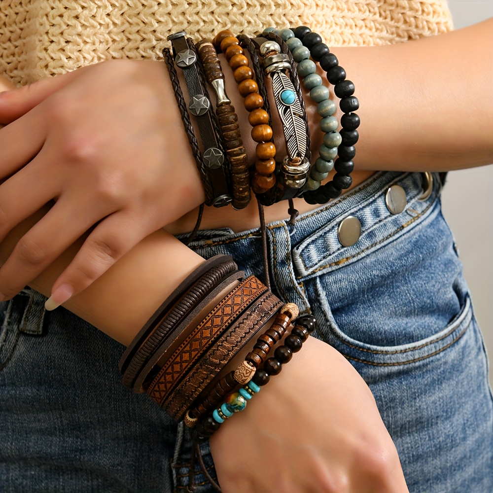 Image of 11pcs Wooden Bead Hand-woven Men's Bangle Bangle Bracelet, Included, Christmas Gift, Halloween Gift, New Year Gift