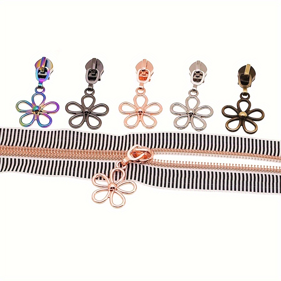 

10-piece Floral Zipper Sliders, 5# Size - Durable Zinc Alloy Pulls For Nylon Tape Bags & Garments, Diy Sewing Repair Kit