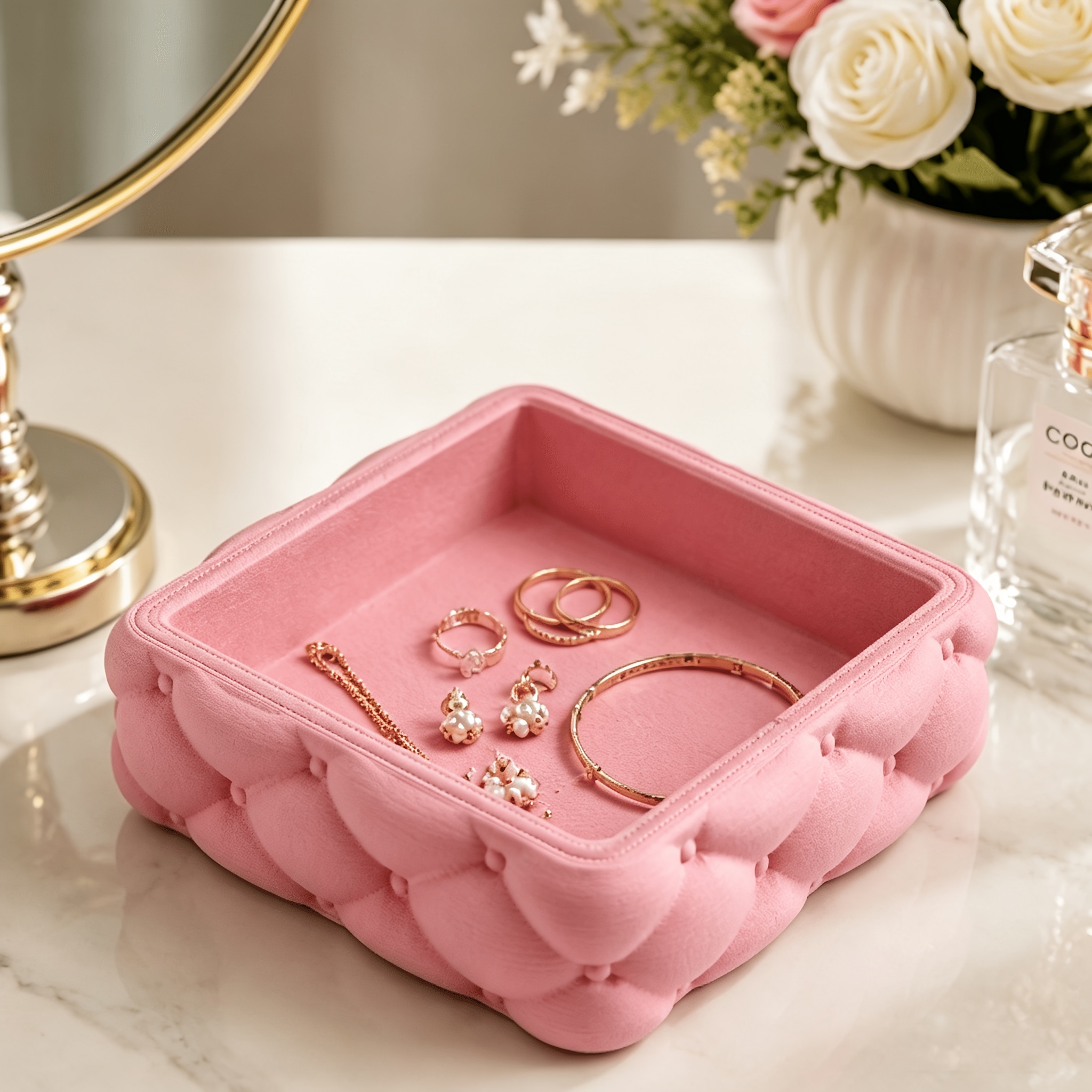 TEMU Pink Jewelry Tray, Quilted Storage Tray For Vanity Dresser, Decorative Organizer Tray For Rings Earrings Necklace Makeup Accessories, Desktop