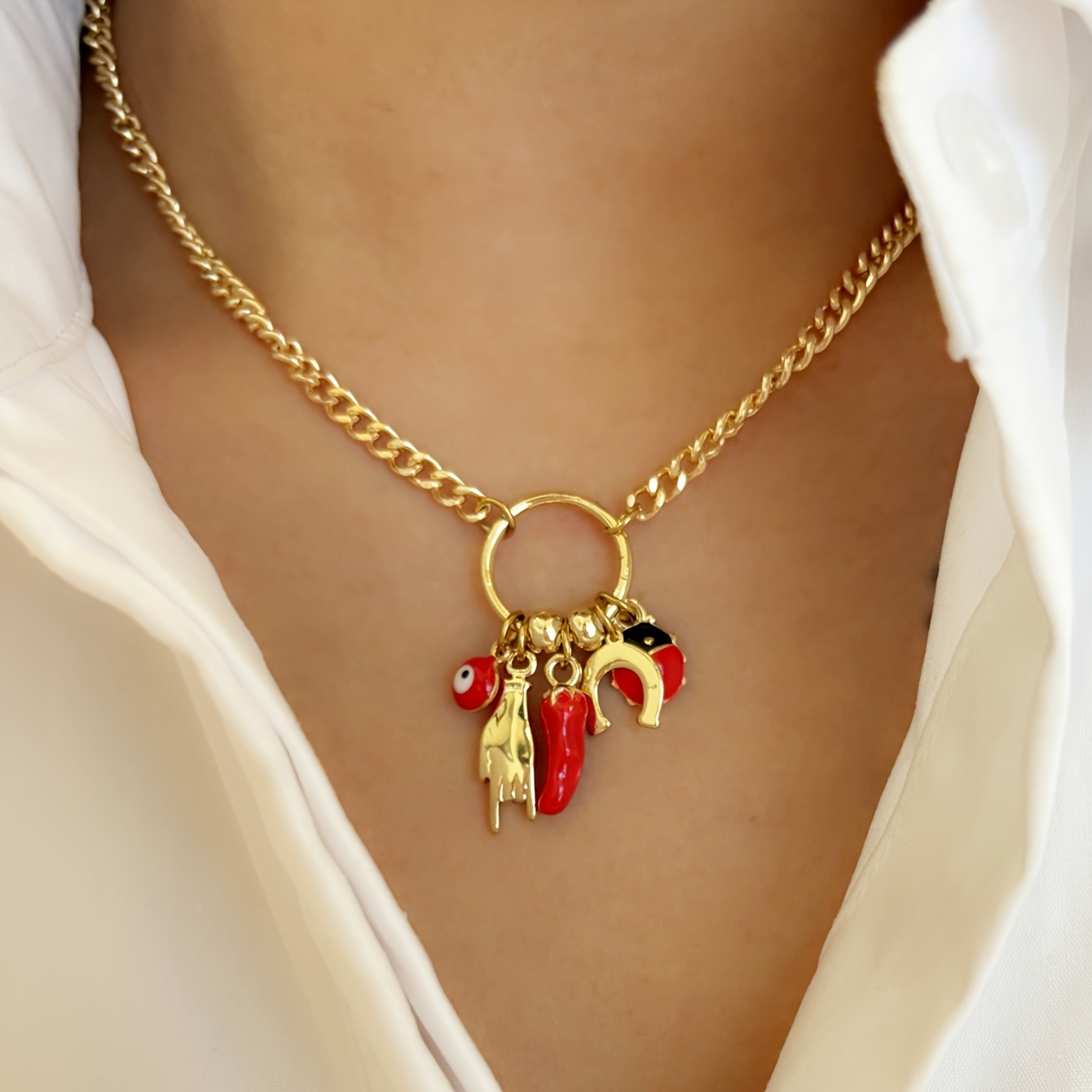 E-shop Damen Anhänger Halskette, Sieben-Sterne Marienkäfer, Roter Chili, Böses Auge Multi-Anhänger Halskette, Party Musik Festival Tägliches Schmuck