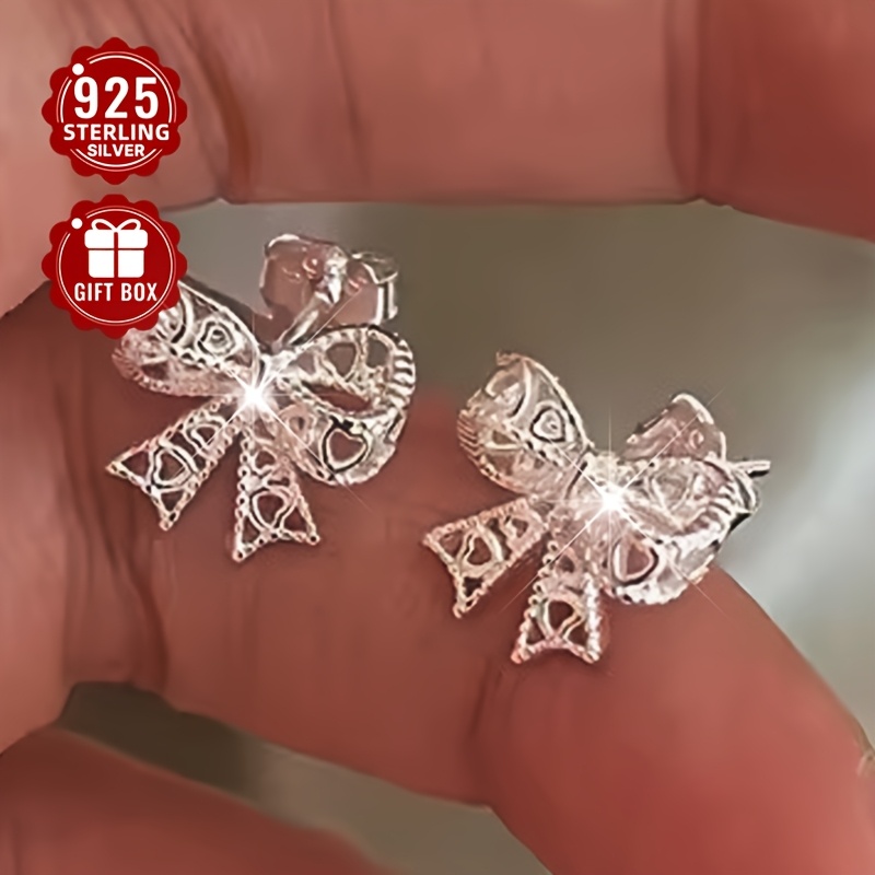 925 Silver Lace Bow Stud Earrings, Elegant Style