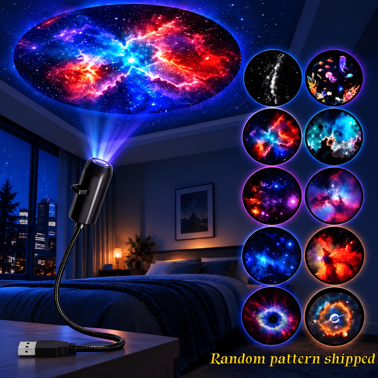 TEMU 1pc Projection Light, 10pcs Planet Slides, Usb Powered 360° Rotating Led Night Light, Beautiful 3d Night Light And Starry Sky Projection, Etc.