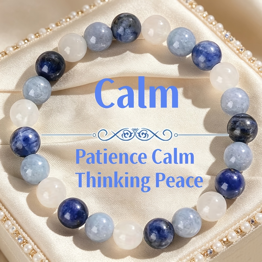 TEMU 1 bracelet de perles en naturelle de 8 mm - élastique, pierres bleues et blanches, convient pour un et les célébrations festives, attire et ,