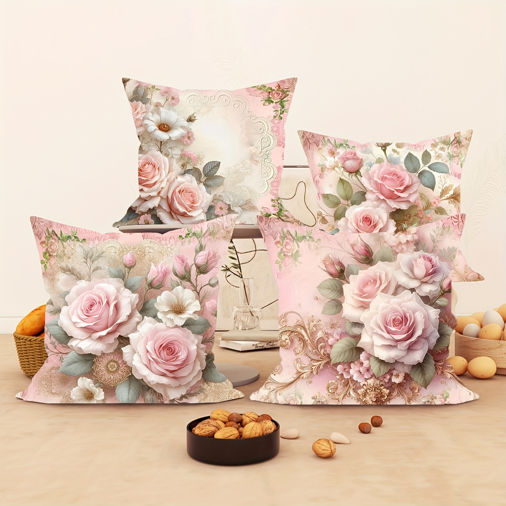 

4pcs Set Luxury French Floral Style Throw Pillow Covers, 18x18 Inches, Contemporary Printed Cushion Cases With Zipper Closure, Machine Washable, Woven Polyester, For Living Room Decor