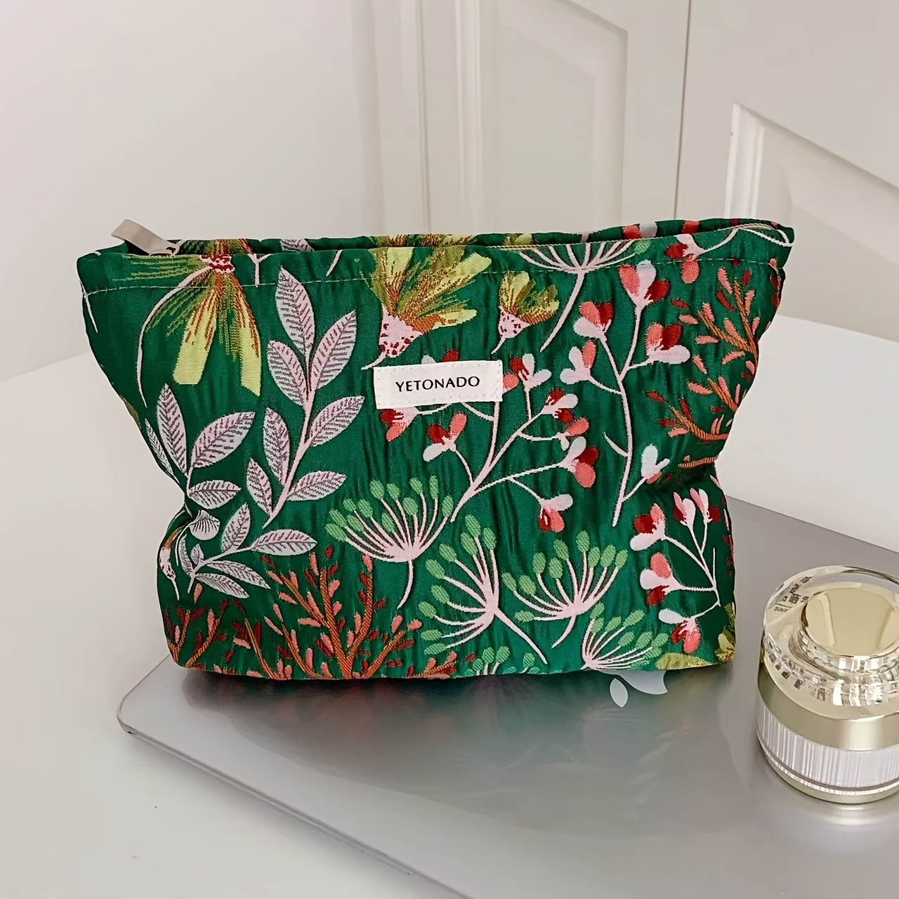 TEMU Green Floral Makeup Bag, Large Capacity Portable Skincare Storage Bag, Travel Toiletry Bag, Outdoor Travel Handbag, Lipstick Cushion, Makeup