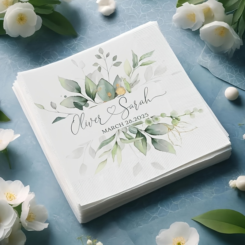 TEMU [customization] Personalized Wedding Napkins - Customizable Name And Date, Green Heart Floral With Eucalyptus Leaf Pattern, Disposable Table